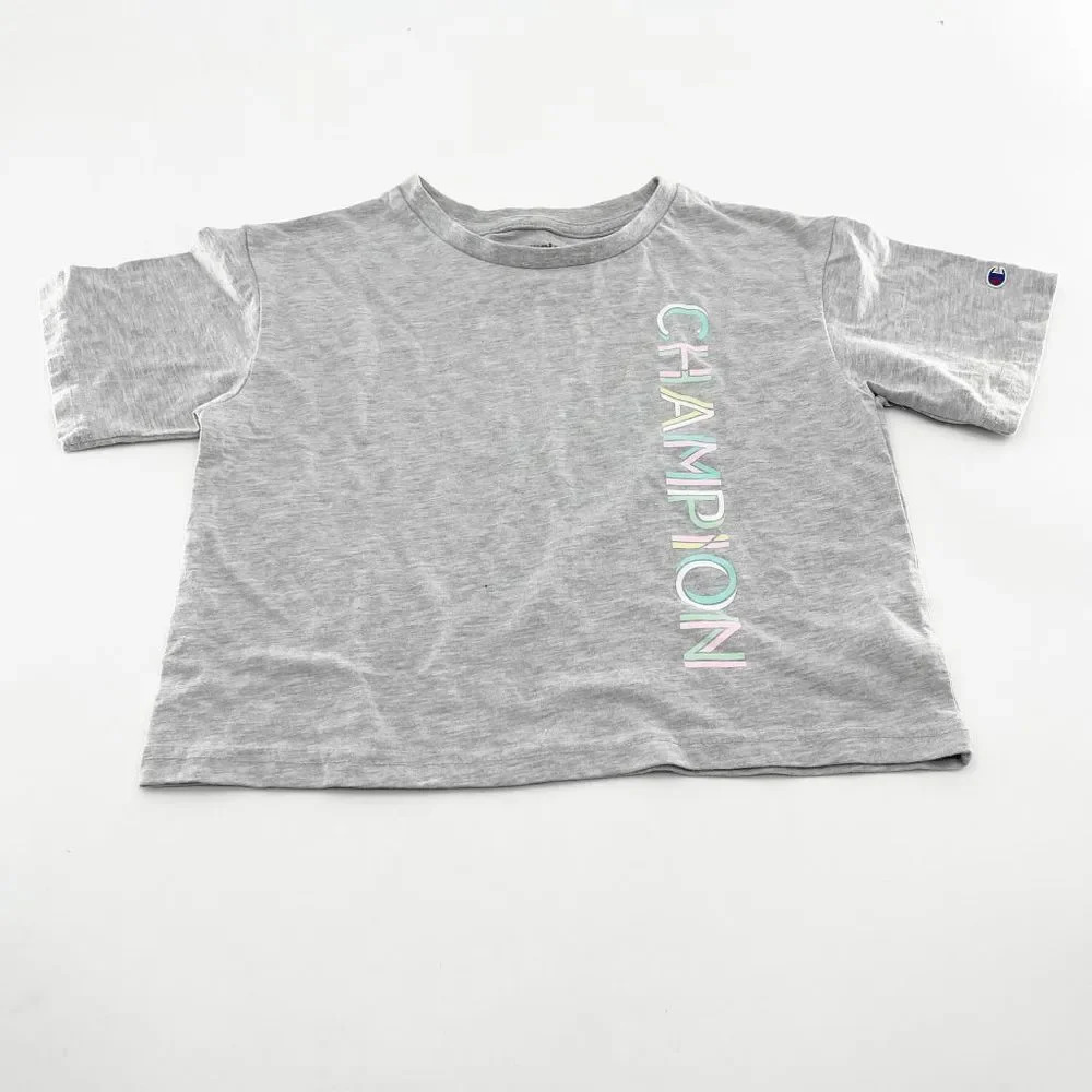 Champion Multicolor Logo T Shirt Kids Size S Gray Shorts Sleeve Crew Neck